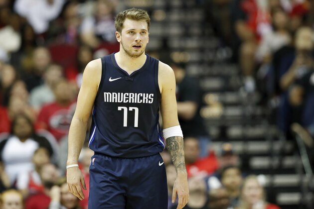 HOUSTON, TX - NOVEMBER 24:  Luka Doncic #77 of the Dallas Mavericks reacts in the second half against the Houston Rockets at Toyota Center on November 24, 2019 in Houston, Texas.  NOTE TO USER: User expressly acknowledges and agrees that, by downloading and or using this photograph, User is consenting to the terms and conditions of the Getty Images License Agreement.  (Photo by Tim Warner/Getty Images)