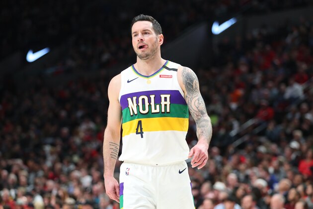 PORTLAND, OREGON - FEBRUARY 21: JJ Redick #4 of the New Orleans Pelicans reacts in the third quarter against the Portland Trail Blazers during their game at Moda Center on February 21, 2020 in Portland, Oregon. NOTE TO USER: User expressly acknowledges and agrees that, by downloading and or using this photograph, User is consenting to the terms and conditions of the Getty Images License Agreement. (Photo by Abbie Parr/Getty Images)