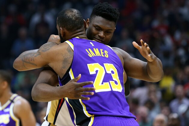NEW ORLEANS, LOUISIANA - MARCH 01: Zion Williamson #1 of the New Orleans Pelicans as LeBron James #23 of the Los Angeles Lakers embrace before their game at the Smoothie King Center on March 01, 2020 in New Orleans, Louisiana. NOTE TO USER: User expressly acknowledges and agrees that, by downloading and or using this Photograph, user is consenting to the terms and conditions of the Getty Images License Agreement. (Photo by Jonathan Bachman/Getty Images)
