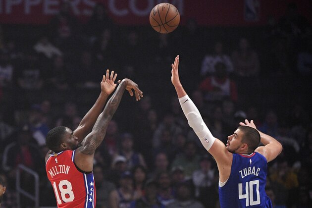 Philadelphia 76ers guard Shake Milton, left, shoots as Los Angeles Clippers center Ivica Zubac defends during the first half of an NBA basketball game Sunday, March 1, 2020, in Los Angeles. (AP Photo/Mark J. Terrill)