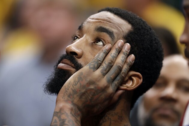Cleveland Cavaliers' JR Smith looks up during a break in the second half of Game 6 of a first-round NBA basketball playoff series against the Indiana Pacers, Friday, April 27, 2018, in Indianapolis. (AP Photo/Darron Cummings)