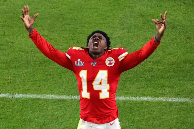 MIAMI, FLORIDA - FEBRUARY 02: Sammy Watkins #14 of the Kansas City Chiefs celebrates after defeating the San Francisco 49ers 31-20 in Super Bowl LIV at Hard Rock Stadium on February 02, 2020 in Miami, Florida. (Photo by Mike Ehrmann/Getty Images)