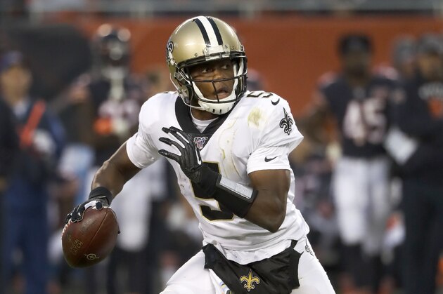 New Orleans Saints' Teddy Bridgewater scrambles during the second half of an NFL football game against the Chicago Bears in Chicago, Sunday, Oct. 20, 2019. (AP Photo/Charles Rex Arbogast)