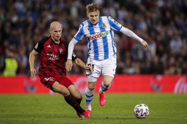 SAN SEBASTIAN, SPAIN - FEBRUARY 13: Martin Odegaard of Real Sociedad during the Spanish Copa del Rey  match between Real Sociedad v Mirandes at the Estadio Anoeta on February 13, 2020 in San Sebastian Spain (Photo by David S. Bustamante/Soccrates/Getty Images)