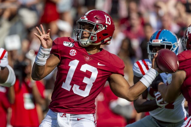 Alabama quarterback Tua Tagovailoa (13) throws long during the first half of an NCAA college football game against Mississippi, Saturday, Sept. 28, 2019, in Tuscaloosa, Ala. (AP Photo/Vasha Hunt)