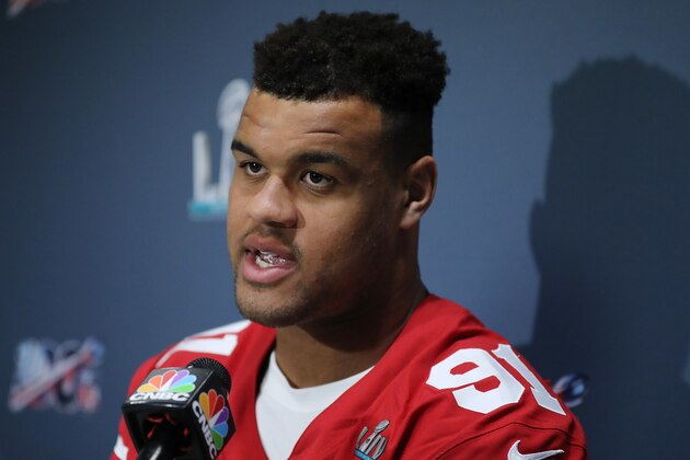 MIAMI, FLORIDA - JANUARY 29:  Arik Armstead #91 of the San Francisco 49ers speaks to the media during the San Francisco 49ers media availability prior to Super Bowl LIV at the James L. Knight Center on January 29, 2020 in Miami, Florida. (Photo by Michael Reaves/Getty Images)