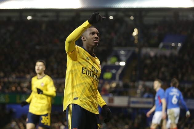 PORTSMOUTH, ENGLAND - MARCH 02: Eddie Nkethia of Arsenal celebrates after he scores a goal to make it 2-0 during the FA Cup Fifth Round match between Portsmouth FC and Arsenal FC at Fratton Park on March 02, 2020 in Portsmouth, England. (Photo by Robin Jones/Getty Images)