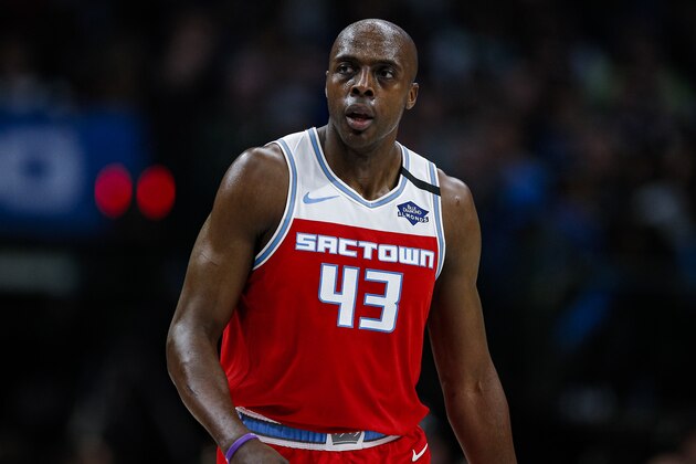 Sacramento Kings forward Anthony Tolliver (43) looks on during the first half of an NBA basketball game against the Dallas Mavericks, Wednesday, Feb. 12, 2020, in Dallas. Dallas won 130-111. (AP Photo/Brandon Wade)