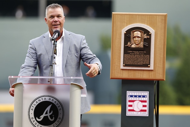 ATLANTA, GA - AUGUST 10:  Former Atlanta Braves third baseman and Hall of Fame inductee Chipper Jones #10 of the Atlanta Braves addresses the crowd before the game against the Milwaukee Brewers at SunTrust Park on August 10, 2018 in Atlanta, Georgia.  (Photo by Mike Zarrilli/Getty Images)
