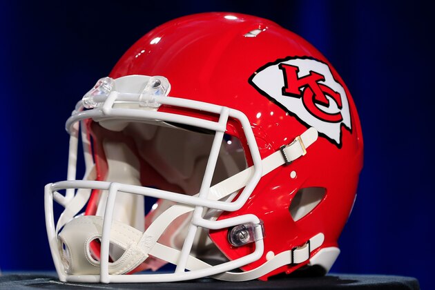 MIAMI, FLORIDA - JANUARY 29: A Kansas City Chiefs helmet is displayed prior to a press conference with NFL Commissioner Roger Goodell for Super Bowl LIV at the Hilton Miami Downtown on January 29, 2020 in Miami, Florida. The San Francisco 49ers will face the Chiefs in the 54th playing of the Super Bowl, Sunday February 2nd. (Photo by Cliff Hawkins/Getty Images)