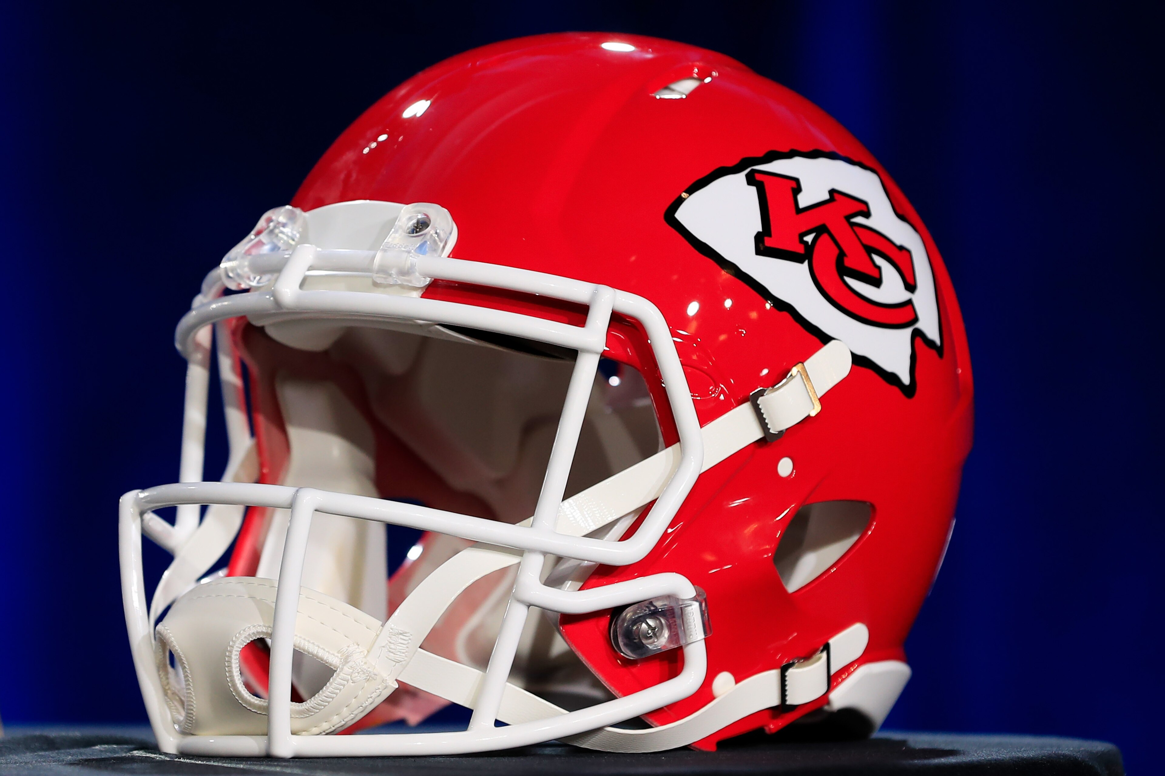 MIAMI, FLORIDA - JANUARY 29: A Kansas City Chiefs helmet is displayed prior to a press conference with NFL Commissioner Roger Goodell for Super Bowl LIV at the Hilton Miami Downtown on January 29, 2020 in Miami, Florida. The San Francisco 49ers will face the Chiefs in the 54th playing of the Super Bowl, Sunday February 2nd. (Photo by Cliff Hawkins/Getty Images)