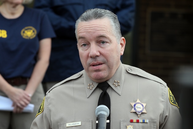 CALABASAS, CALIFORNIA - JANUARY 27: Los Angeles County Sheriff Alex Villanueva speaks at a news conference on the helicopter crash that yesterday claimed the lives of NBA great Kobe Bryant, his daughter Gianna, 13, and seven others January 27, 2020 in Calabasas, California. The group was traveling to Bryant's Mamba Sports Academy in Thousand Oaks for a basketball tournament when the crash occurred.  (Photo by Josh Lefkowitz/Getty Images)