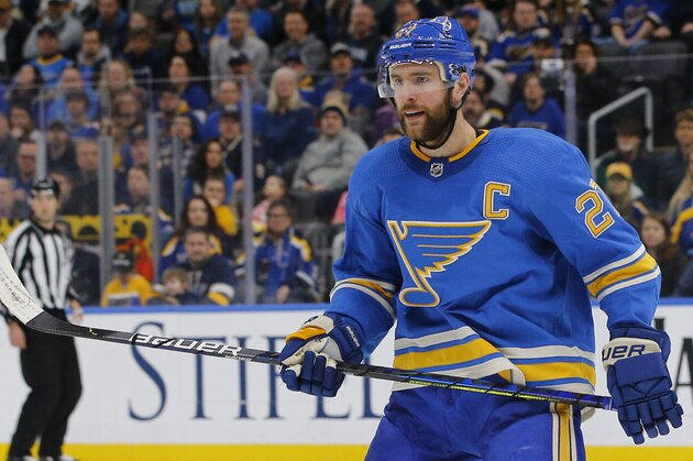 St. Louis Blues' Alex Pietrangelo is seen during an NHL hockey game against the Nashville Predators Saturday, Feb. 15, 2020, in St. Louis. (AP Photo/Billy Hurst)
