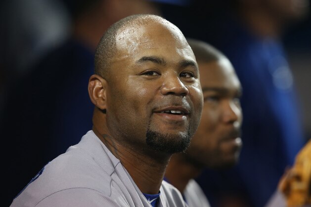 TORONTO, CANADA - MAY 6: Carl Crawford #3 of the Los Angeles Dodgers and Howie Kendrick #47 look on from the top step of the dugout during MLB game action against the Toronto Blue Jays on May 6, 2016 at Rogers Centre in Toronto, Ontario, Canada. (Photo by Tom Szczerbowski/Getty Images)