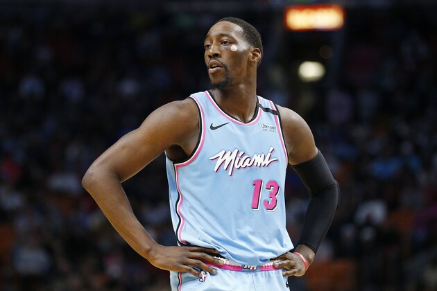 MIAMI, FLORIDA - FEBRUARY 29: Bam Adebayo #13 of the Miami Heat looks on against the Brooklyn Nets during the first half at American Airlines Arena on February 29, 2020 in Miami, Florida. NOTE TO USER: User expressly acknowledges and agrees that, by downloading and/or using this photograph, user is consenting to the terms and conditions of the Getty Images License Agreement.  (Photo by Michael Reaves/Getty Images)