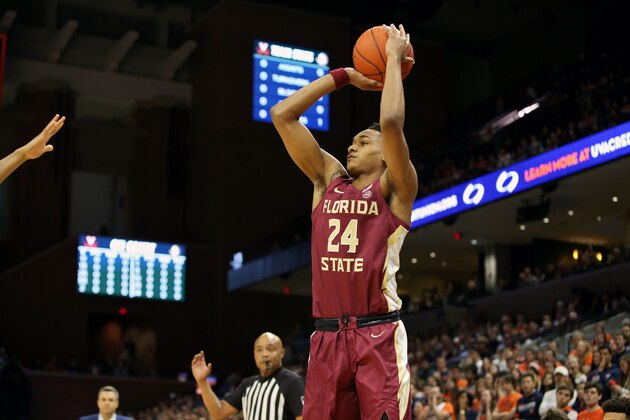 CHARLOTTESVILLE, VA - JANUARY 28: Devin Vassell #24 of the the Florida State Seminoles shoots in the first half during a game against the Virginia Cavaliers at John Paul Jones Arena on January 28, 2020 in Charlottesville, Virginia. (Photo by Ryan M. Kelly/Getty Images)