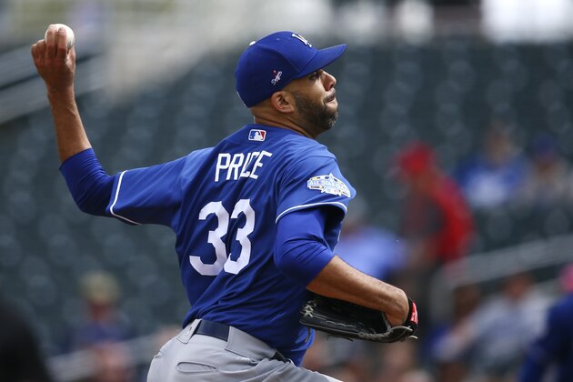 Los Angeles Dodgers starting pitcher David Price throws against the Cincinnati Reds during the first inning of a spring training baseball game Monday, March 2, 2020, in Goodyear, Ariz. (AP Photo/Ross D. Franklin) Los Angeles Dodgers starting pitcher David Price throws against the Cincinnati Reds during the first inning of a spring training baseball game Monday, March 2, 2020, in Goodyear, Ariz. (AP Photo/Ross D. Franklin)
