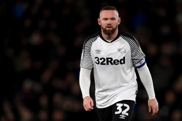DERBY, ENGLAND - FEBRUARY 21: Wayne Rooney of Derby County in action during the Sky Bet Championship match between Derby County and Fulham at Pride Park Stadium on February 21, 2020 in Derby, England. (Photo by Ross Kinnaird/Getty Images)