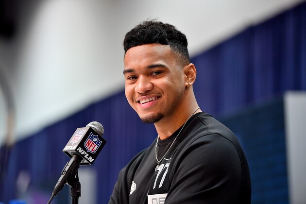 INDIANAPOLIS, INDIANA - FEBRUARY 25: Tua Tagovailoa #QB17 of Alabama interviews during the first day of the NFL Scouting Combine at Lucas Oil Stadium on February 25, 2020 in Indianapolis, Indiana. (Photo by Alika Jenner/Getty Images)