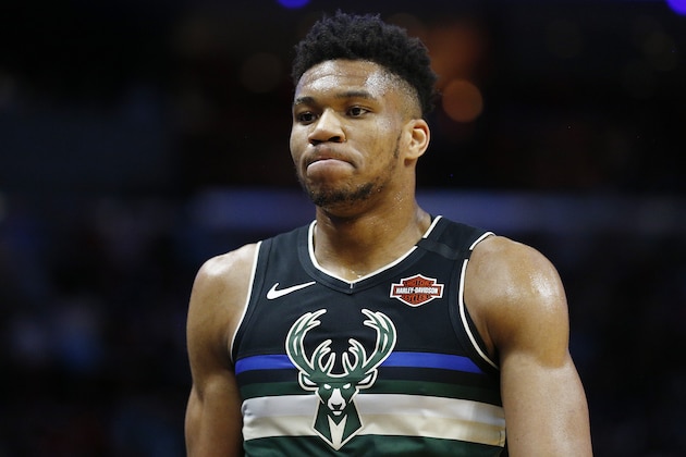 MIAMI, FLORIDA - MARCH 02:  Giannis Antetokounmpo #34 of the Milwaukee Bucks reacts against the Miami Heat during the first half at American Airlines Arena on March 02, 2020 in Miami, Florida. NOTE TO USER: User expressly acknowledges and agrees that, by downloading and/or using this photograph, user is consenting to the terms and conditions of the Getty Images License Agreement.  (Photo by Michael Reaves/Getty Images)