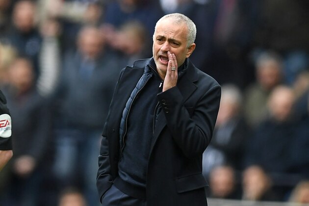 Tottenham Hotspur's Portuguese head coach Jose Mourinho gestures on the touchline during the English Premier League football match between Tottenham Hotspur and Wolverhampton Wanderers at the Tottenham Hotspur Stadium in London, on March 1, 2020. (Photo by DANIEL LEAL-OLIVAS / AFP) / RESTRICTED TO EDITORIAL USE. No use with unauthorized audio, video, data, fixture lists, club/league logos or 'live' services. Online in-match use limited to 120 images. An additional 40 images may be used in extra time. No video emulation. Social media in-match use limited to 120 images. An additional 40 images may be used in extra time. No use in betting publications, games or single club/league/player publications. /  (Photo by DANIEL LEAL-OLIVAS/AFP via Getty Images)