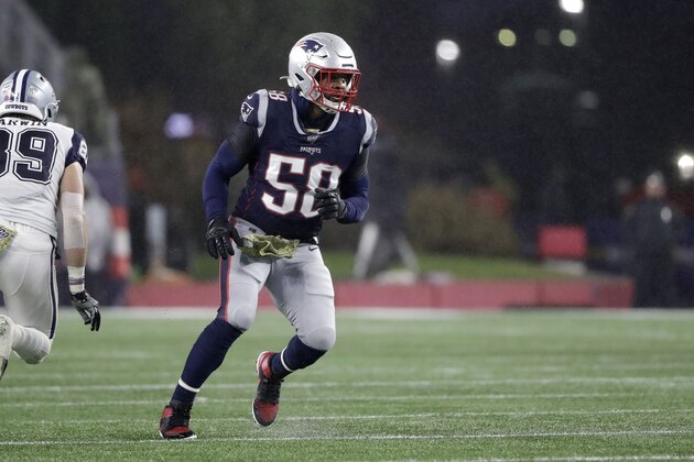New England Patriots linebacker Jamie Collins defends against the Dallas Cowboys in the second half of an NFL football game, Sunday, Nov. 24, 2019, in Foxborough, Mass. (AP Photo/Steven Senne)