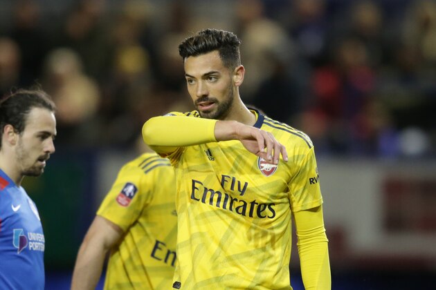 PORTSMOUTH, ENGLAND - MARCH 02: Pablo Mari of Arsenal gestures during the FA Cup Fifth Round match between Portsmouth FC and Arsenal FC at Fratton Park on March 02, 2020 in Portsmouth, England. (Photo by Robin Jones/Getty Images)