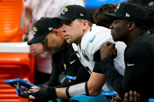 ATLANTA, GA - DECEMBER 22: Nick Foles #7 of the Jacksonville Jaguars looks on from the bench during a game against the Atlanta Falcons at Mercedes-Benz Stadium on December 22, 2019 in Atlanta, Georgia. (Photo by Carmen Mandato/Getty Images)