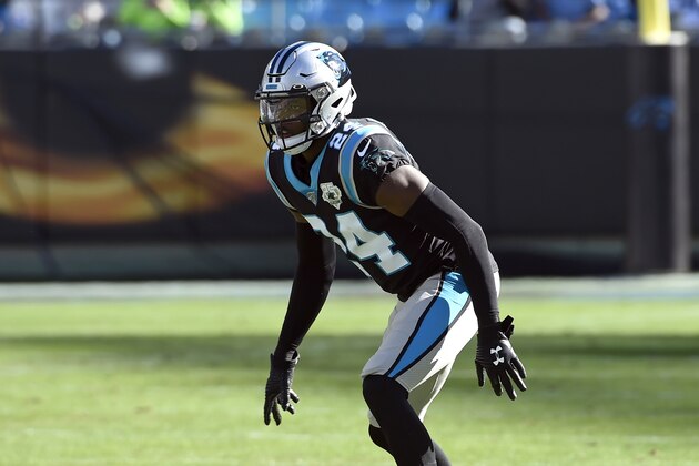 Carolina Panthers cornerback James Bradberry (24) sets up during the first half of an NFL football game against the Seattle Seahawks in Charlotte, N.C., Sunday, Dec. 15, 2019. (AP Photo/Mike McCarn)