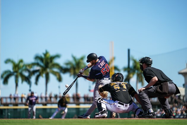 BRADENTON, FL- FEBRUARY 22: Jake Cave #60 of the Minnesota Twins bats during a game against the Pittsburgh Pirates on February 21, 2020 at LECOM Park in Bradenton, Florida. (Photo by Brace Hemmelgarn/Minnesota Twins/Getty Images) BRADENTON, FL- FEBRUARY 22: Jake Cave #60 of the Minnesota Twins bats during a game against the Pittsburgh Pirates on February 21, 2020 at LECOM Park in Bradenton, Florida. (Photo by Brace Hemmelgarn/Minnesota Twins/Getty Images)