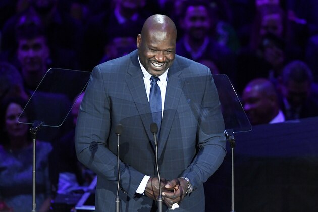LOS ANGELES, CALIFORNIA - FEBRUARY 24: Shaquille O'Neal speaks during The Celebration of Life for Kobe & Gianna Bryant at Staples Center on February 24, 2020 in Los Angeles, California. (Photo by Kevork Djansezian/Getty Images)