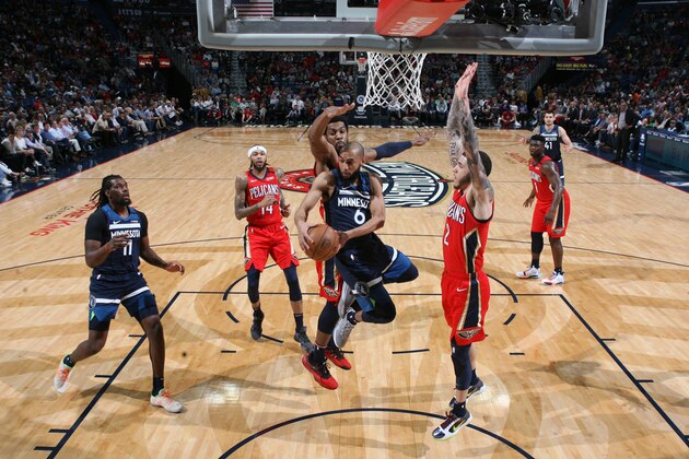 NEW ORLEANS, LA - MARCH 3: Jordan McLaughlin #6 of the Minnesota Timberwolves passes the ball against the New Orleans Pelicans on March 3, 2020 at the Smoothie King Center in New Orleans, Louisiana. NOTE TO USER: User expressly acknowledges and agrees that, by downloading and or using this Photograph, user is consenting to the terms and conditions of the Getty Images License Agreement. Mandatory Copyright Notice: Copyright 2020 NBAE (Photo by Layne Murdoch Jr./NBAE via Getty Images)