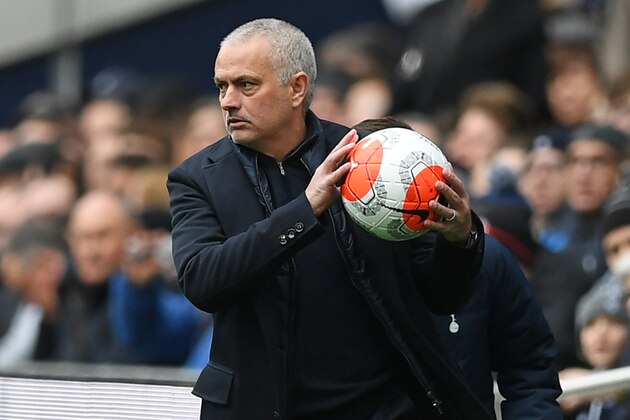Tottenham Hotspur's Portuguese head coach Jose Mourinho returns the ball during the English Premier League football match between Tottenham Hotspur and Wolverhampton Wanderers at the Tottenham Hotspur Stadium in London, on March 1, 2020. (Photo by DANIEL LEAL-OLIVAS / AFP) / RESTRICTED TO EDITORIAL USE. No use with unauthorized audio, video, data, fixture lists, club/league logos or 'live' services. Online in-match use limited to 120 images. An additional 40 images may be used in extra time. No video emulation. Social media in-match use limited to 120 images. An additional 40 images may be used in extra time. No use in betting publications, games or single club/league/player publications. /  (Photo by DANIEL LEAL-OLIVAS/AFP via Getty Images)