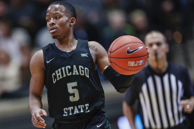 WEST LAFAYETTE, IN - NOVEMBER 16: Xavier Johnson #5 of the Chicago State Cougars brings the ball up court during the game against the Purdue Boilermakers at Mackey Arena on November 16, 2019 in West Lafayette, Indiana. (Photo by Michael Hickey/Getty Images)