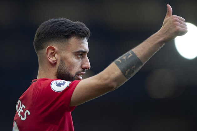LIVERPOOL, ENGLAND - MARCH 01: Bruno Fernandes of Manchester United in action during the Premier League match between Everton FC and Manchester United at Goodison Park on March 01, 2020 in Liverpool, United Kingdom. (Photo by Visionhaus)