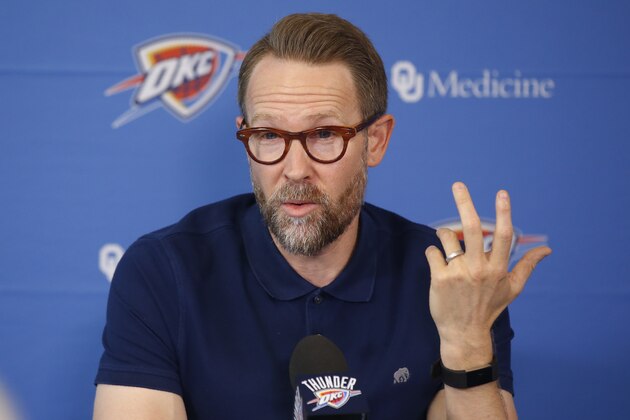 Sam Presti, Oklahoma City Thunder executive vice president and general manager, speaks during a news conference in Oklahoma City, Thursday, Sept. 26, 2019. Presti is preparing for a season without Russell Westbrook for the first time in a decade. (AP Photo/Sue Ogrocki)