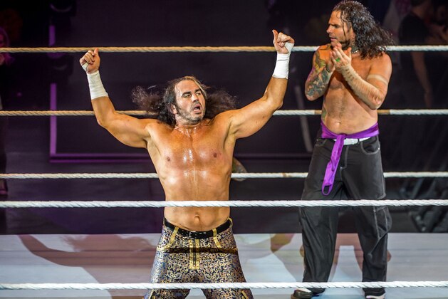 The Hardy Boyz celebrate victory in the ring during WWE show at Zenith Arena on May 10, 2017 in Lille, northern France. / AFP PHOTO / PHILIPPE HUGUEN        (Photo credit should read PHILIPPE HUGUEN/AFP via Getty Images)