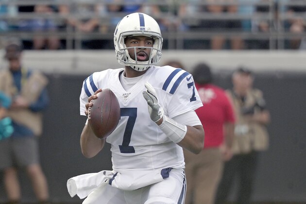 Indianapolis Colts quarterback Jacoby Brissett looks for a receiver during the first half of an NFL football game against the Jacksonville Jaguars, Sunday, Dec. 29, 2019, in Jacksonville, Fla. (AP Photo/John Raoux)