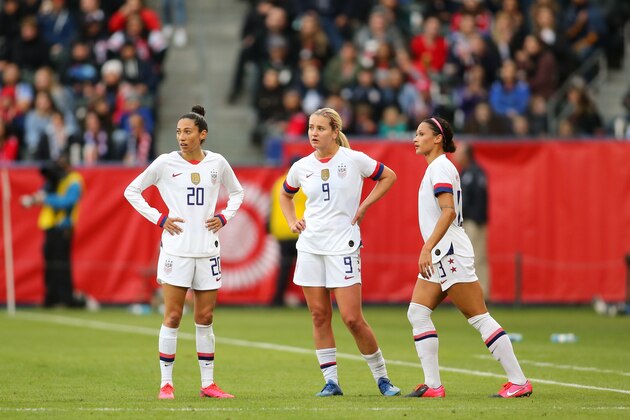 CARSON, CA - FEBRUARY 9: Christen Press #20 of the United States talks with Lindsey Horan #9 and Lynn Williams #13 during a game between Canada and USWNT at Dignity Health Sports Park on February 9, 2020 in Carson, California. (Photo by Michael Janosz/ISI Photos/Getty Images)