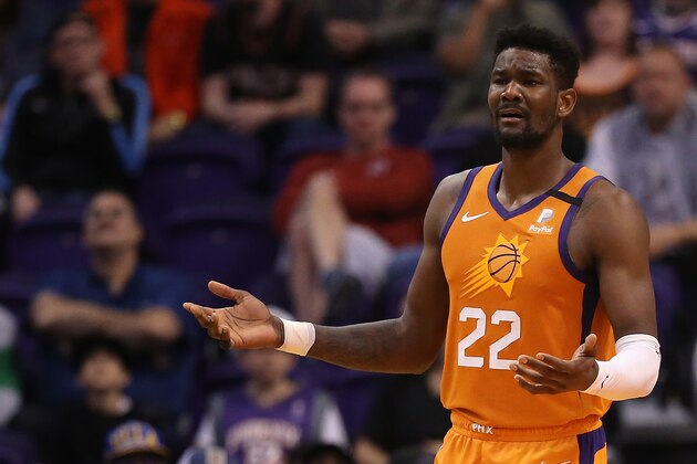PHOENIX, ARIZONA - FEBRUARY 28: Deandre Ayton #22 of the Phoenix Suns reacts to a foul call during the second half of the NBA game against the Detroit Pistons at Talking Stick Resort Arena on February 28, 2020 in Phoenix, Arizona. The Pistons defeated the Suns 113-111. NOTE TO USER: User expressly acknowledges and agrees that, by downloading and or using this photograph, user is consenting to the terms and conditions of the Getty Images License Agreement. Mandatory Copyright Notice: Copyright 2020 NBAE. (Photo by Christian Petersen/Getty Images)