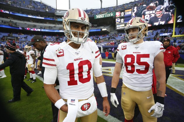 BALTIMORE, MD - DECEMBER 1: Jimmy Garoppolo #10 and George Kittle #85 of the San Francisco 49ers stand on the field prior to the game against the Baltimore Ravens at M&T Bank Stadium on December 1, 2019 in Baltimore, Maryland. The Ravens defeated the 49ers 20-17. (Photo by Michael Zagaris/San Francisco 49ers/Getty Images)