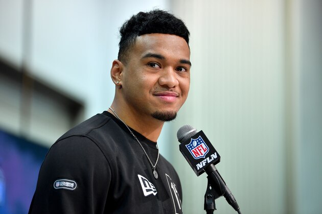 INDIANAPOLIS, INDIANA - FEBRUARY 25: Tua Tagovailoa #QB17 of Alabama interviews during the first day of the NFL Scouting Combine at Lucas Oil Stadium on February 25, 2020 in Indianapolis, Indiana. (Photo by Alika Jenner/Getty Images)