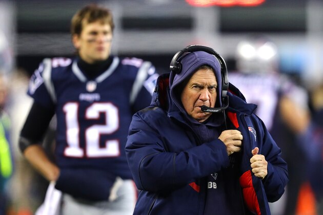 FOXBOROUGH, MA - JANUARY 13:  Head coach Bill Belichick of the New England Patriots reacts as Tom Brady #12 looks on before the AFC Divisional Playoff game against the Tennessee Titans  at Gillette Stadium on January 13, 2018 in Foxborough, Massachusetts.  (Photo by Maddie Meyer/Getty Images)