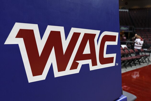 LAS VEGAS, NEVADA - MARCH 16:  The Western Athletic Conference logo is shown on the court before the championship game of the Western Athletic Conference basketball tournament between the Grand Canyon Lopes and the New Mexico State Aggies at the Orleans Arena on March 16, 2019 in Las Vegas, Nevada.  (Photo by Joe Buglewicz/Getty Images)