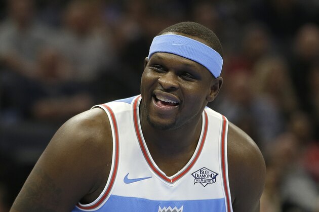 Sacramento Kings forward Zach Randolph laughs during the first quarter of an NBA basketball game against the Chicago Bulls Monday, Feb. 5, 2018, in Sacramento, Calif. The Kings won 104-98. (AP Photo/Rich Pedroncelli)