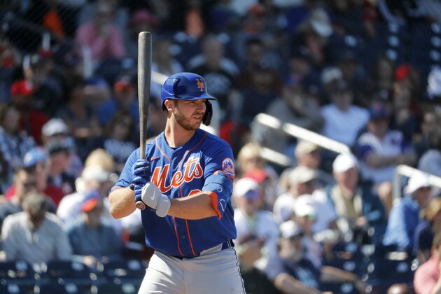 New York Mets' Pete Alonso bats during the third inning of a spring training baseball game against the Houston Astros Saturday, Feb. 29, 2020, in West Palm Beach, Fla. (AP Photo/Jeff Roberson)