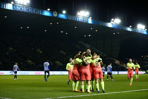SHEFFIELD, ENGLAND - MARCH 04: Sergio Aguero of Manchester City celebrates scoring a goal to make it 1-0 during the FA Cup Fifth Round match between Sheffield Wednesday and Manchester City at Hillsborough on March 4, 2020 in Sheffield, England. (Photo by Robbie Jay Barratt - AMA/Getty Images) SHEFFIELD, ENGLAND - MARCH 04: Sergio Aguero of Manchester City celebrates scoring a goal to make it 1-0 during the FA Cup Fifth Round match between Sheffield Wednesday and Manchester City at Hillsborough on March 4, 2020 in Sheffield, England. (Photo by Robbie Jay Barratt - AMA/Getty Images)