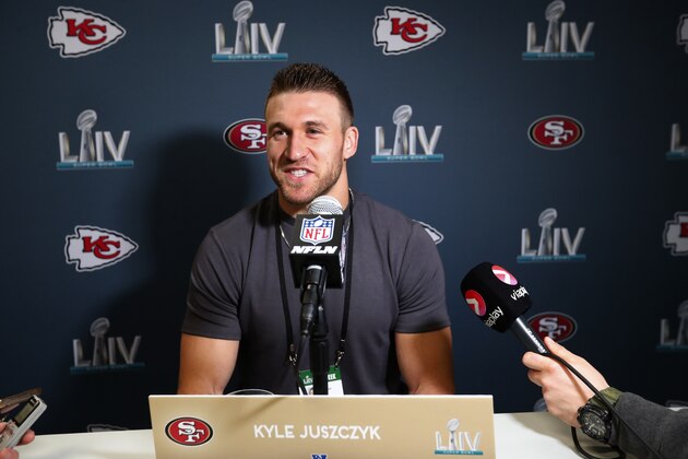 San Francisco 49ers fullback Kyle Juszczyk smiles as he speaks during a media availability for the NFL Super Bowl 54 football game, on Tuesday, Jan. 28, 2020, in Miami. (AP Photo/Wilfredo Lee)