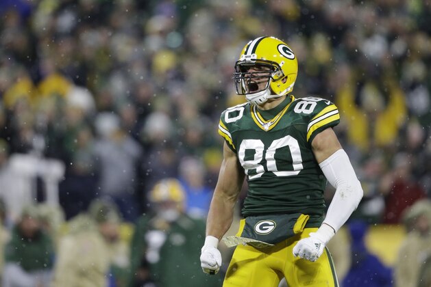 Green Bay Packers' Jimmy Graham reacts after catching a pass for a first down during the first half of an NFL football game against the Carolina Panthers Sunday, Nov. 10, 2019, in Green Bay, Wis. (AP Photo/Jeffrey Phelps)