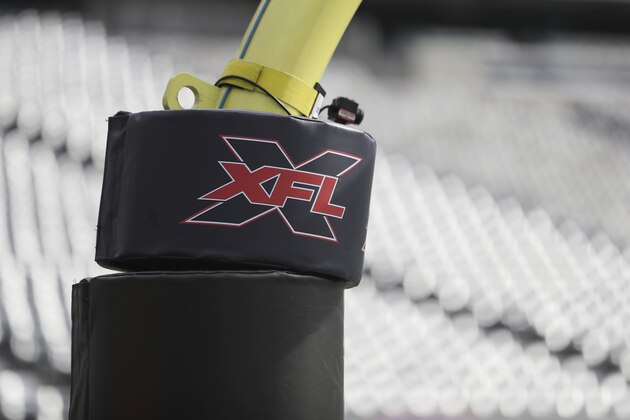 A closeup detail view of the XFL logo on a goal post before an XFL football game between the Tampa Bay Vipers and the New York Guardians, Sunday, Feb. 9, 2020, in East Rutherford, N.J. (AP Photo/Steve Luciano)